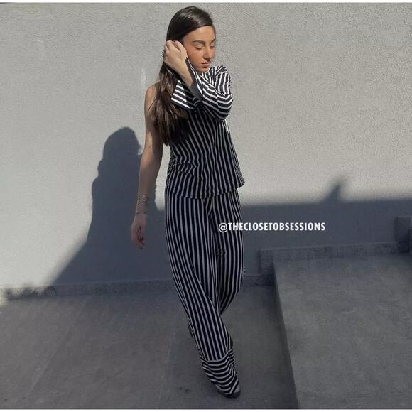 ZARA Striped Co Ord Set NWT | Asymmetric One Shoulder Top + Wide Leg Pants - Picture 14 of 16